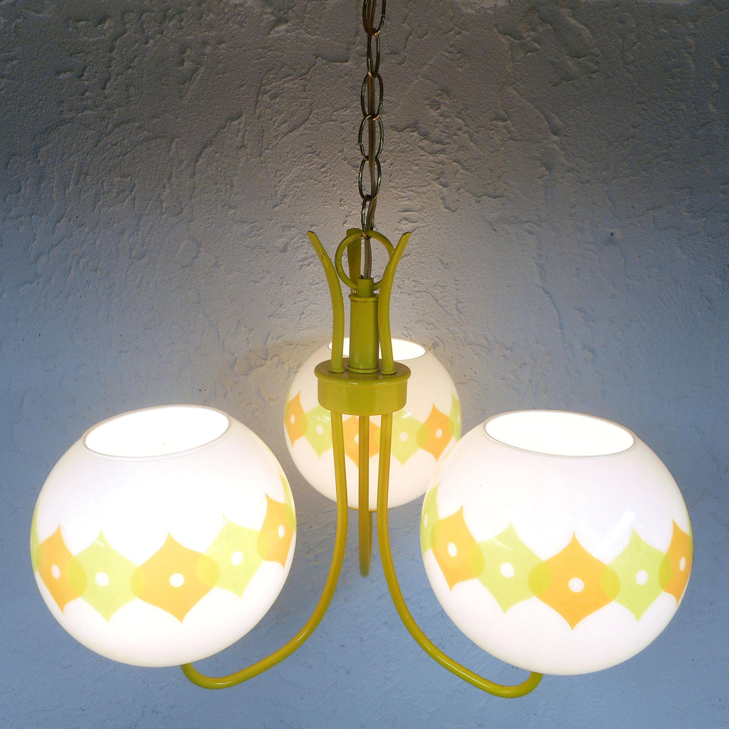 Mid Century Chandelier Ceiling Light Fixture 31", Large 7.5" Dia Glass Domes, Atomic Age Retro Look, Set