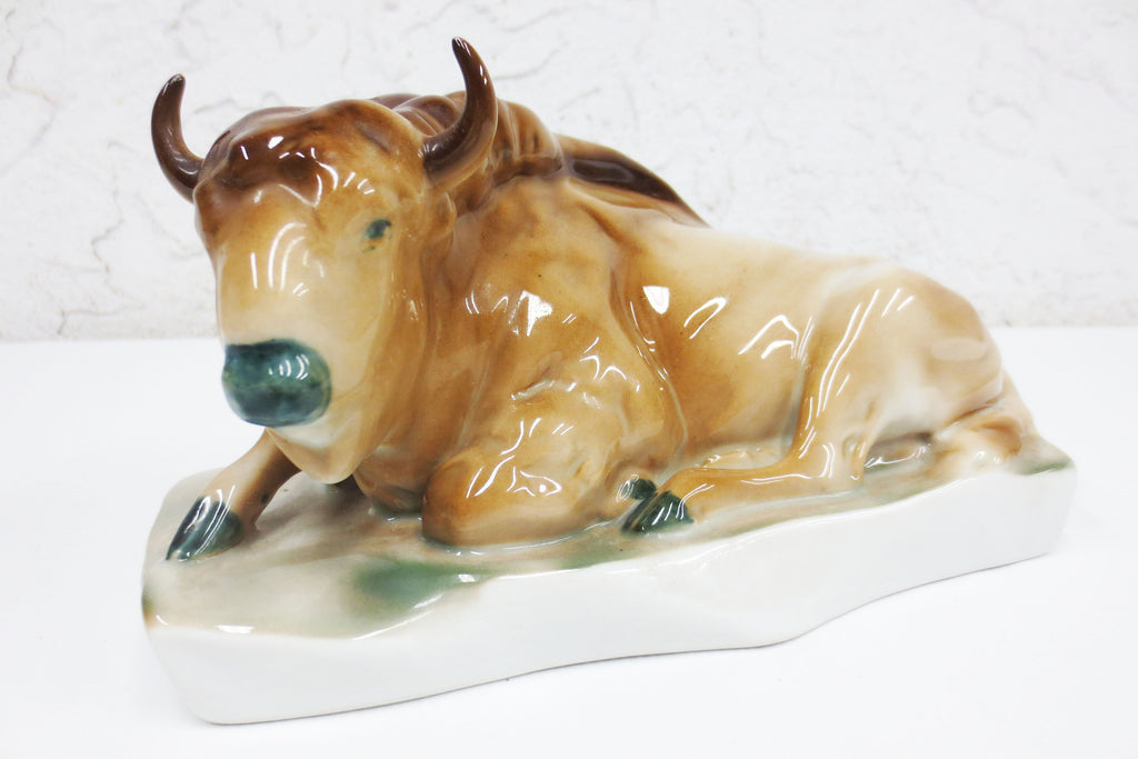 Vintage Zsolnay Buffalo Animal Porcelain Sculpture from Hungary, Signed, 8 X 4"