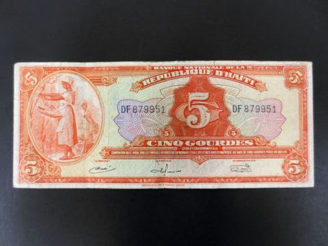 1919 Haiti Banknote Money 5 Gourdes, Very Fine Condition, DF 879951