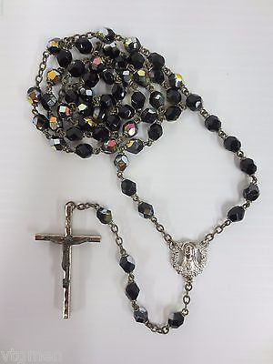 Vintage Rosary Black Glass Multicolored Beads 22", Virgin Mary, Fine Crucifix