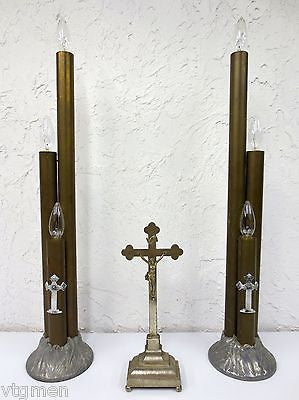 Antique Vintage Church Altar Lights Chandeliers, 29" Brass Gothic Candelabras