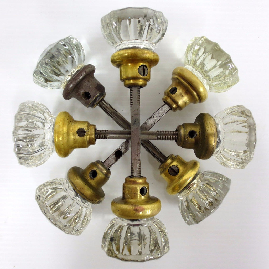 4 Pairs of Antique Door Knobs, 12 Points Glass Diamonds, Brass & Metal, Shafts