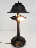 Antique Art Nouveau Bronze Lamp 17" with 2 Light Arms and Brass Shade, New Wires