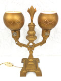 Antique Art Nouveau Gold Cast Iron Lamp 16" with 2 Metal Shades, Signed Elor 585