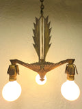 Antique 1920s Art Deco 3 Light Slip Shade Chandelier 11" Geometric Ceiling Fixtu