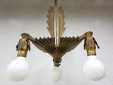 Antique 1920s Art Deco 3 Light Slip Shade Chandelier 11" Geometric Ceiling Fixtu