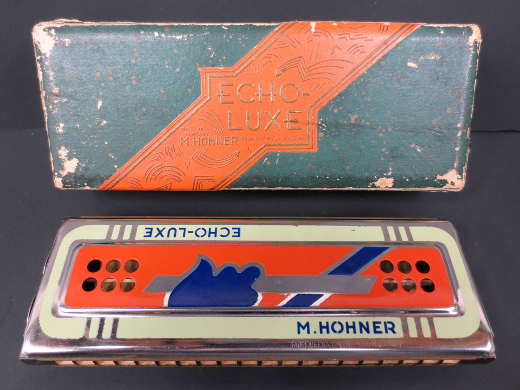 Vintage Hohner Echo-Luxe Harmonica Germany with Box, CG Key, Blue Hand Orange