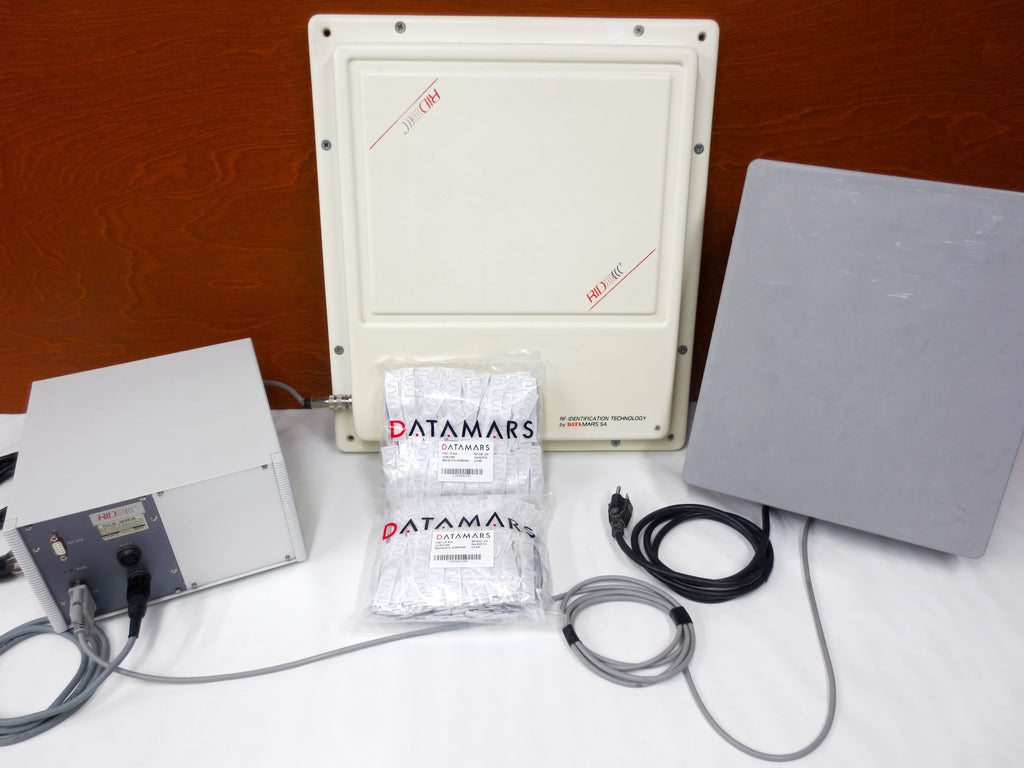 RF ID Chip Identification System by Datamars Switzerland, Reader and 2 Antennas, 1000 UHF RFID Laundry Chips Tags, <20 msec Fast Reading