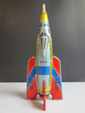 Vintage JUPITER ROCKET PLANE, Tin Wind-Up Rocket by MASUYA TOY JAPAN 9" WORKS