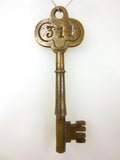 Original Antique Brass Hotel Skeleton Key Room Number 311, Solid Barrel, 3 3/8"