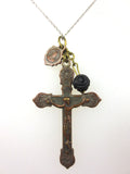 Vintage Nun's Ornate Crucifix Cross Pendant 1.5", Wood Flower, Bourgeoys Charm