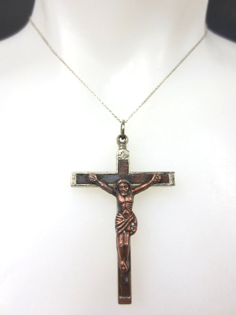 Vintage Priest's Crucifix Whistle Pendant 2.5", Bronze Inlay, Nickel plated, Exo