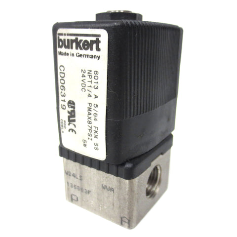 Burkert Solenoid Valve 24VDC 5W 1/4" NPT PMAX 87PSI Model 6013 A 5/64 FKM SS