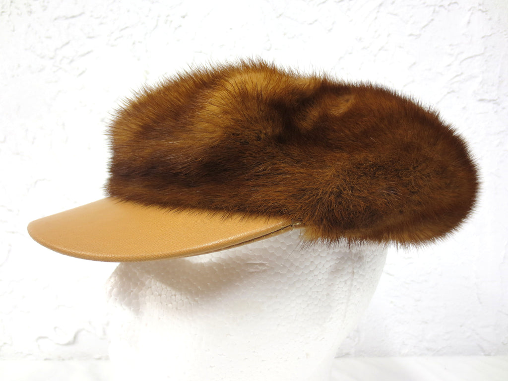 Vintage Mink Fur and Leather Cap Hat Light brown, Size 7 Women Fall Winter