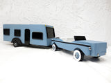 35" Long Vintage Wood Car and Camper Trailer Home, Folk Art Toy, Blue