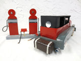15" Long Vintage Wood Car Limousine with Gas Station, Folk Art Toy, Red Grey