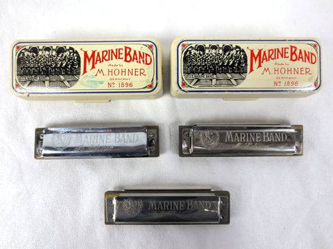 3 Vintage Hohner Marine Band Diatonic Harmonicas A440, A C G Keys, Boxes
