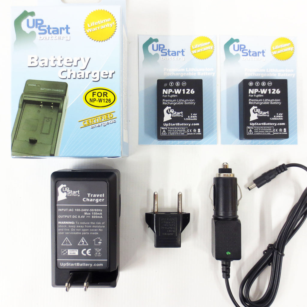 2 New NP-W126 Batteries, Charger, Car & EU Adapters for Fujifilm Finepix HS30 33 35 50 EXR Cameras