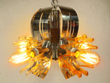 Vintage Mid Century Brutalist Chrome Ceiling Light Chandelier 26", Wood, Glass Flowers