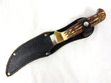 Vintage Stag Horn and Brass Knife 9.5" Olympia Japan, Leather Sheath