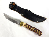 Vintage Stag Horn and Brass Knife 9.5" Olympia Japan, Leather Sheath