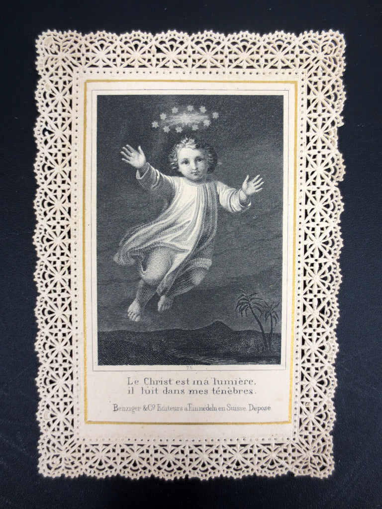 Antique 1859 Holy Card Lace Canivet by Benziger Switzerland, Christmas Night Prayer