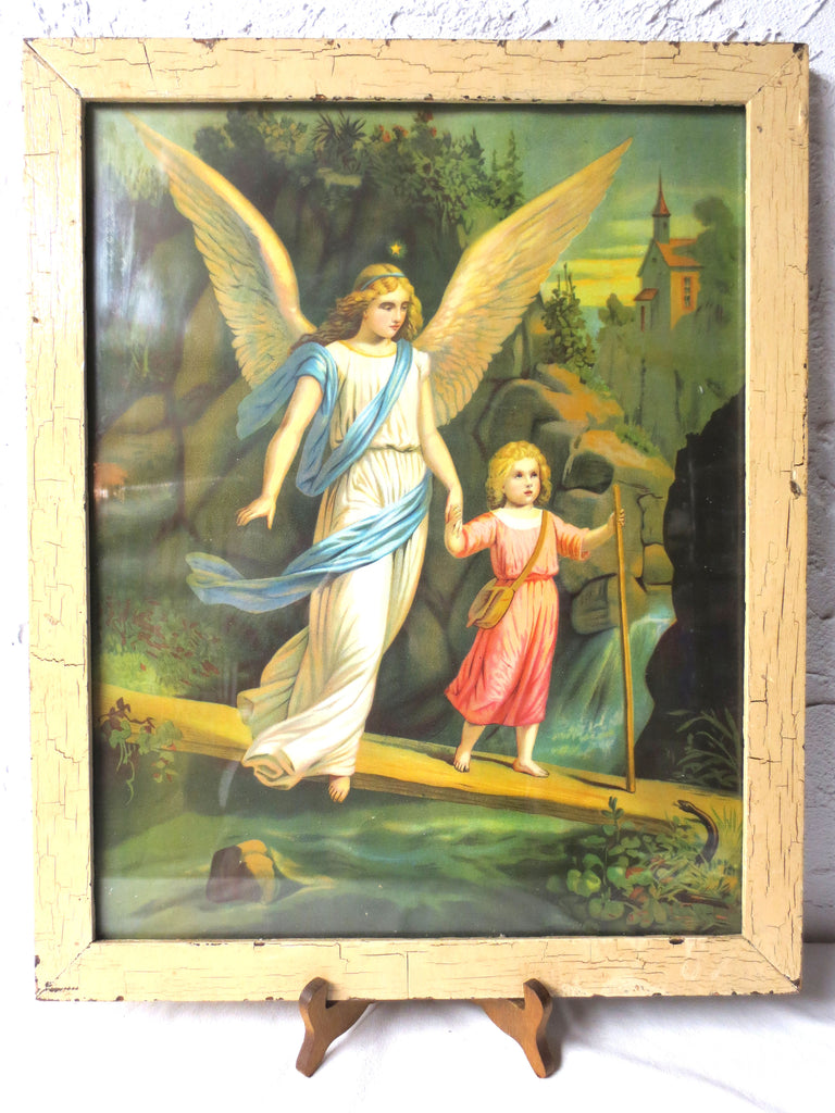 Antique Religious Chromolithograph, Angel Guiding Jesus through Forest, Snake
