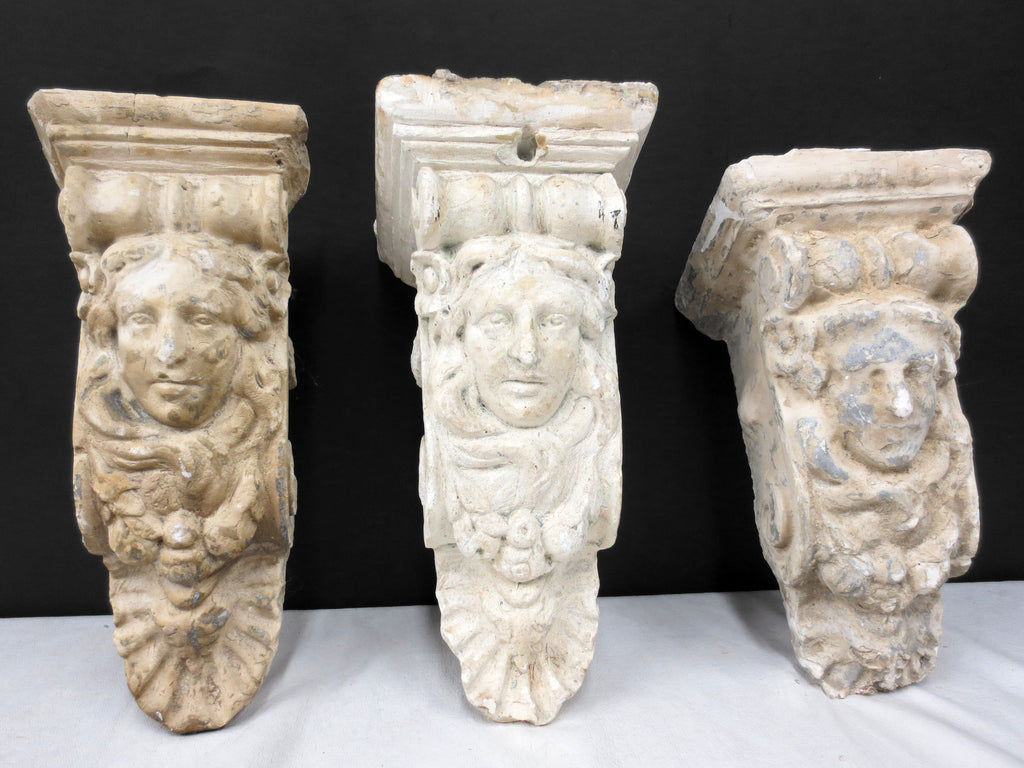 3 Antique Plaster Corbels Long Hair Ladies with Roses 10", Architectural Salvage
