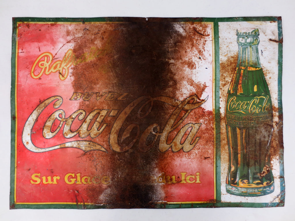 Vintage 1930's Coca-Cola Tin Embossed Sign, Green Bottle, Black Outlines, Error