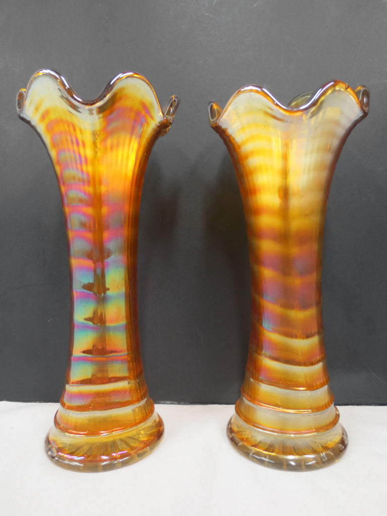 Vintage Carnival Marigold Tall Rippled Glass Vases Pair 8.5", Orange Iridescent