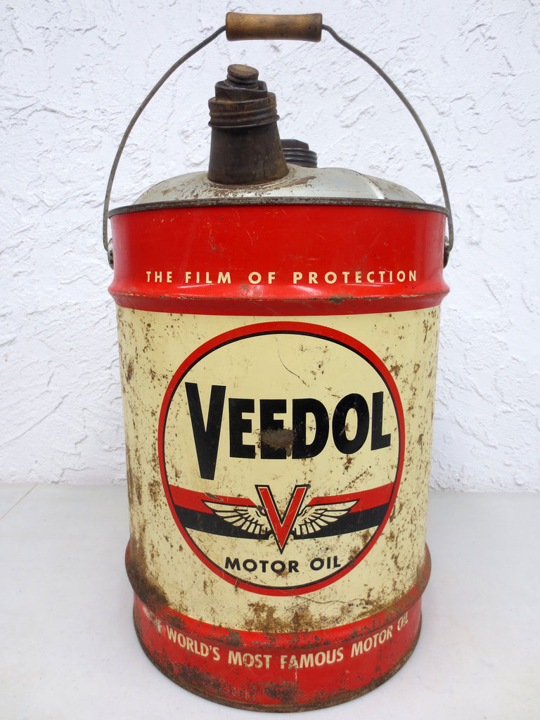 Vintage Veedol Motor Oil 5 Imperial Gallons Can, The Film of Protection, Red