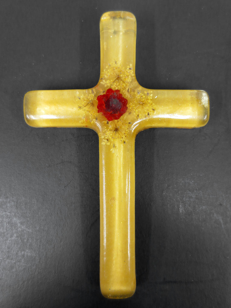 Vintage Catholic Cross Pendant Translucent Acrylic with Dried Flowers Honey Tint