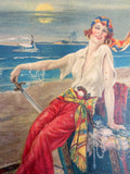 Vintage 1930's Illustration Woman Pirate on Beach with Saber, Seaplane, Treasure
