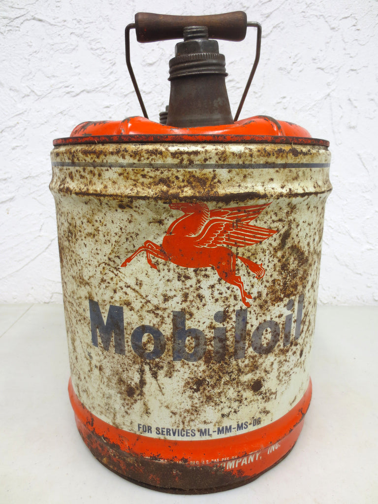 Vintage Mobiloil 5 Gallons Can, Red Metal Pegasus Mobiloil Can, Original Paint