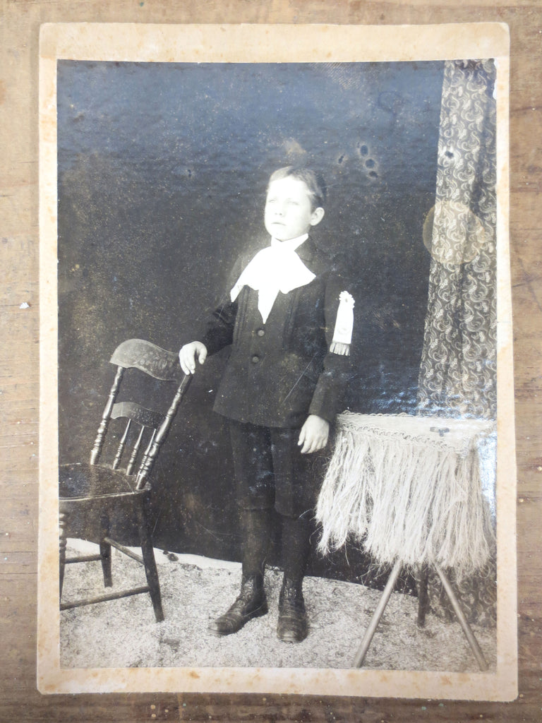 Antique 1920's Cabinet Card Photo Serious Young Boy with Medal, Montreal, Canada