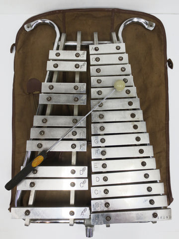 Vintage 1970's Bruno Glockenspiel Xylophone Lyre Bells, Rogers Mallet and Bag