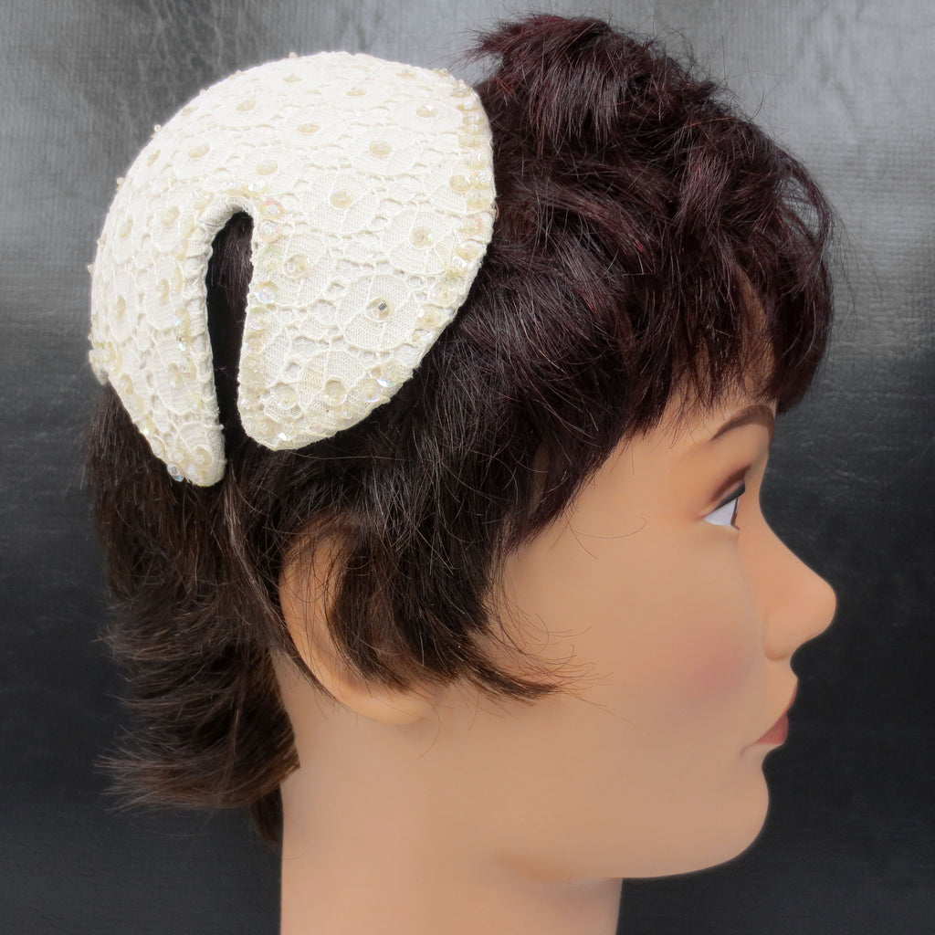 Vintage Mid Century Laced Beaded Bridal Hat Cap, Ivory Cocktail Hat, Hair String