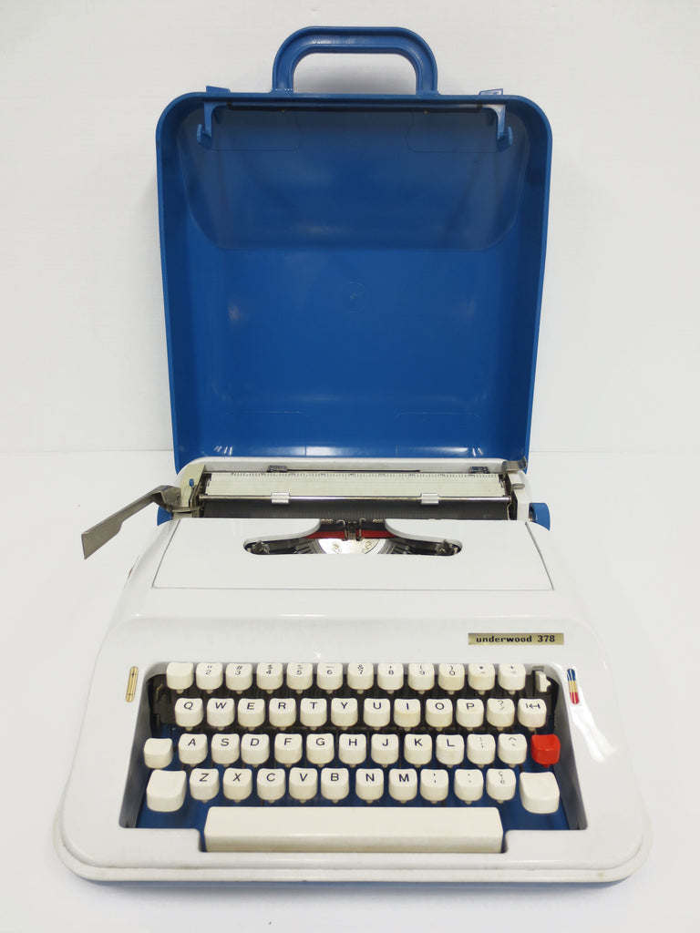Vintage Underwood Typewriter Portable 378, Blue Case, White Keys, With Ribbon