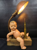 WWIII Steampunk Trump Art Gooseneck Lamp 10X17", Wood Plane, Brass Shell, Doll