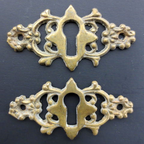 Pair of Antique Victorian Escutcheon Brass Keyhole Covers, Ornate Key Covers