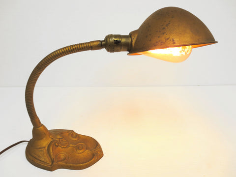 Vintage Antique Art Deco Cast Iron Gooseneck Lamp Light, Ornate, Gold, Rewired