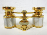 Vintage Opera Theater Glass Binoculars signed Mignon, 2.5X Mother of Pearl, Gold Tone, Original Case and Box, Japan