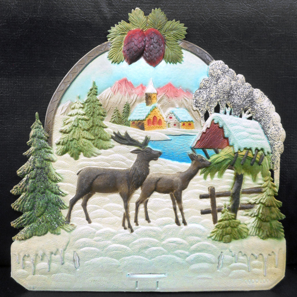 Vintage West German Christmas Display Cardboard Store Advertising, Moose in Winter, Snow, Church and Lake, 12 X 12.25"