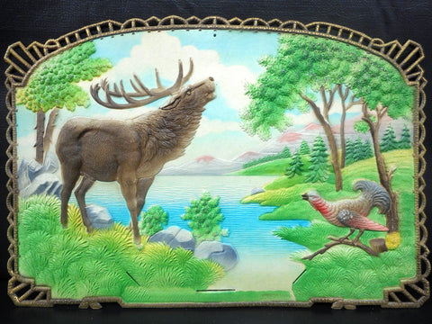 Vintage West German Nature Display Cardboard Store Advertising, Moose, Bird, Lake and Moutain, 18.75 X 12.5"