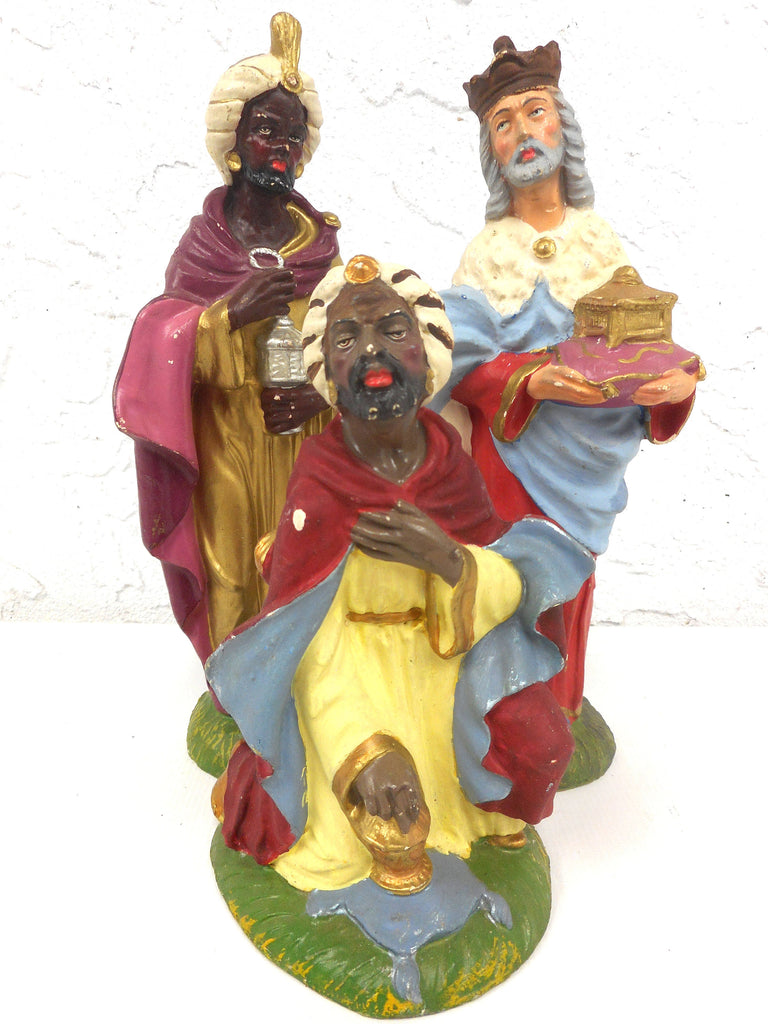 3 Tall Vintage Christmas Manger Creche Figurines 10" in Paper Maché made in Italy, Black and White Kings, Wizards