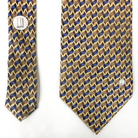 Vintage Alfred Dunhill Tobacco Silk Necktie Signed, Shiny Gold Blue Brown, 56"