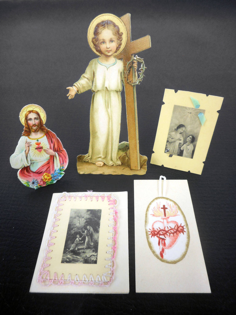 Lot of 5 Antique 1920's French Standalone Holly Cards Crafts, Handmade, Sacred Heart, Jesus Child Holding Cross and Crown of Thorns