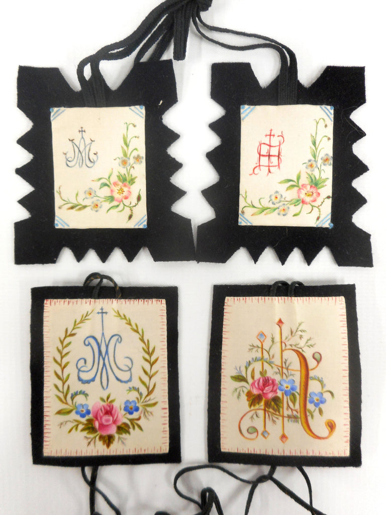Lot of 4 Antique Hand Painted and Embroidered Necklaces, Silk Square Blocks, Catholic Ceremonies and Pilgrimage, Gothic Churh Emblems