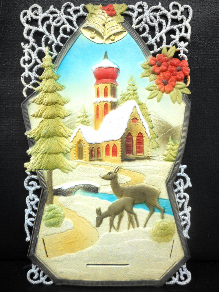 Vintage West German Christmas Display Cardboard Store Advertising, Moose with Baby, Winter, Church and River, 7.5 X 12.5"