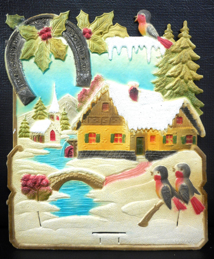 Vintage West German Christmas Display Cardboard Store Advertising, Birds, Watermill, River, Horseshoe and Church, 8.75 X 10.75"